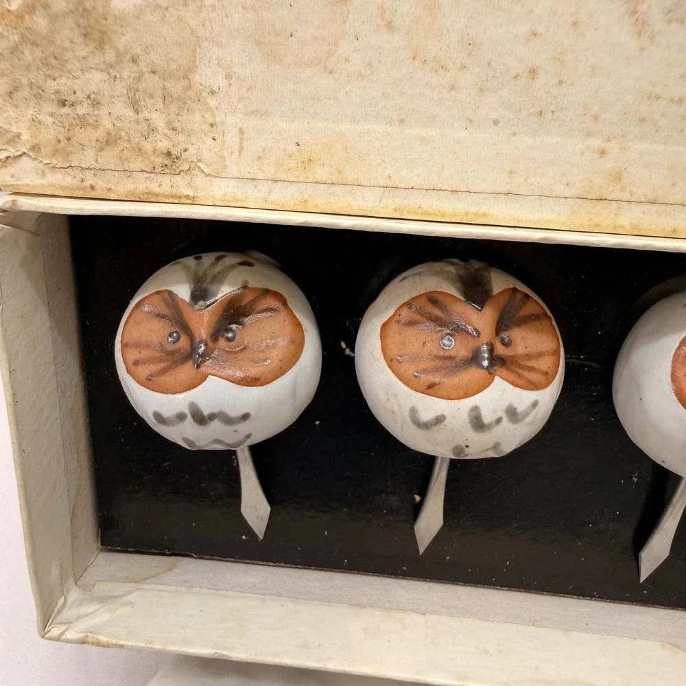 Vintage '72 Fitz & Floyd Owl Corn Holders 4 Pair Japan Pottery whimsical w/ box